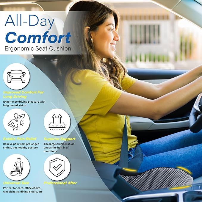 Car Seat Cushion, Ergonomic Memory Foam Car Cushion for Sciatica Pain Relief, Larger Driving Seat Pillow for Short Drivers on Long Drives - Butt Pillow for Truck, Office, Wheelchair - Black&Gray