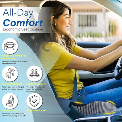 Car Seat Cushion, Ergonomic Memory Foam Car Cushion for Sciatica Pain Relief, Larger Driving Seat Pillow for Short Drivers on Long Drives - Butt Pillow for Truck, Office, Wheelchair - Black&Gray
