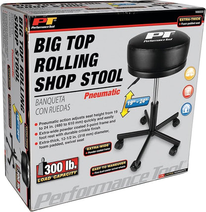 Performance Tool W85033 Extra-Thick Big Top Pneumatic Rolling Shop Stool for Mechanic Garages and Workshops, Black, 19x19x18.5-Inches