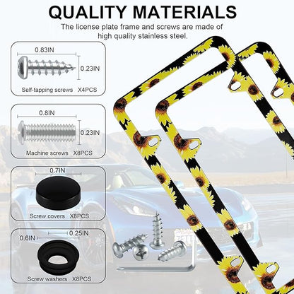 LivTee Flower License Plate Frames, 4 Holes Stainless Steel License Plate Covers, 2PCS Car License Plate Holder, Automotive Exterior Accessories, Sunflower