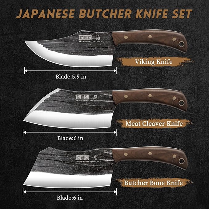 Butcher Knife Set, 3-Piece High Carbon Steel Serbian Chef Knife Set of Heavy Duty Boning Knife & Meat Cleaver Knives & Viking Knives for Home, Cooking, Outdoor Camping BBQ