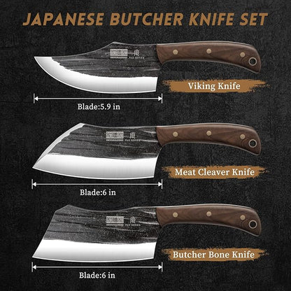 Butcher Knife Set, 3-Piece High Carbon Steel Serbian Chef Knife Set of Heavy Duty Boning Knife & Meat Cleaver Knives & Viking Knives for Home, Cooking, Outdoor Camping BBQ