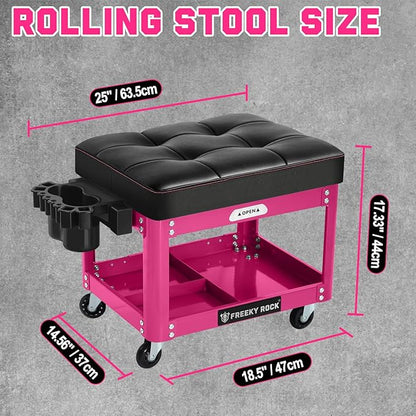 Rolling Mechanic Shop Stool with Wheels, Garage Mechanics Stool with 2 Layer Repair Tools Tray, Padded 360° Swivel Automotive Roller Creeper Seat Shop Chair, Heavy Duty, 330 LBS Capacity, Pink