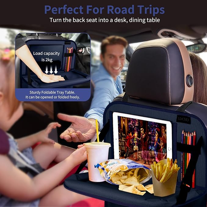 LUCMO Car Backseat Organizer with Tablet Holder-2 Pcs,6 Storage Pockets Car Storage Organizer with Foldable Food Tray,Protectors Kick Mats Travel Accessories-Dark Blue