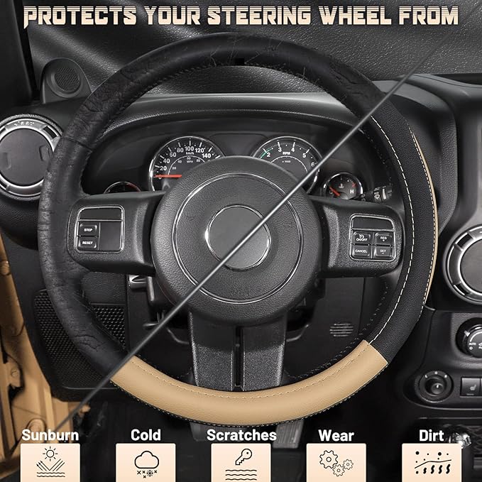 SEG Direct Car Steering Wheel Cover for F-150 Tundra Range Rover 15.5-16 inch, Black and Beige Microfiber Leather