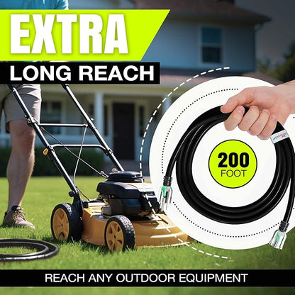200ft Outdoor/Indoor Extension Cord 14/3 Gauge Heavy Duty 3 Prong SJTW, Waterproof, Flexible Cold-Resistant Long Power Cord,125 Amp 875W, Black by LifeSupplyUSA