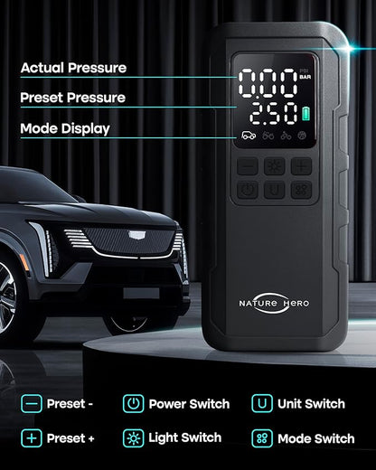 Tire Inflator Portable Air Compressor and Power Bank - 150PSI Compressor Portable Tire Inflator for Car, Motorcycle, Bicycle, Balls - Car Air Pump，Black