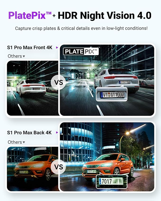 Vantrue S1 Pro Max 4K+4K Dash Cam Front and Rear, Dual 2160P Dash Camera with STARVIS 2 HDR PlatePix™ Night Vision, 5GHz WiFi, GPS Speed, 24/7 Parking Mode, ADAS/BSD, Optional LTE, Supports 1TB Max
