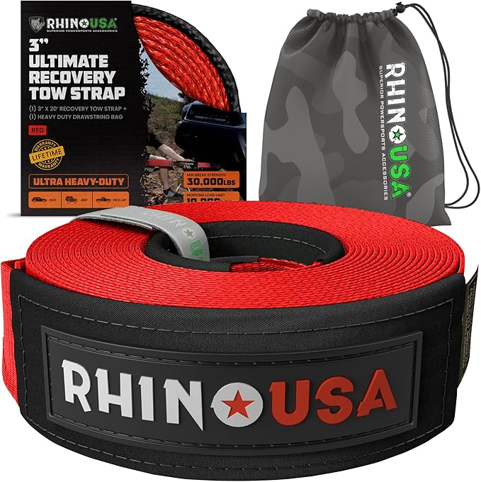 Rhino USA Recovery Tow Strap (3"x20') - 31,518lb Break Strength- Emergency Recovery Strap Tow Rope for Truck, UTV, ATV & More - Heavy Duty Towing Strap for Offroad 4x4 Use - Compatible with Jeep (Red)