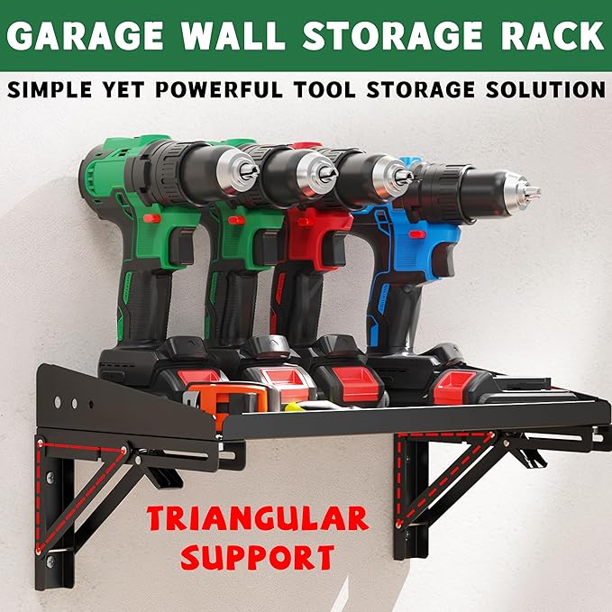 ULIBERMAGNET Garage Folding Storage Rack Shelves,100LB Metal Wall Mounted Adjustable Rail Shelf for Garage,Power Tools,Toolbox,Storage Shelves with Lip for Workshop Kitchen Office (2 Pack)