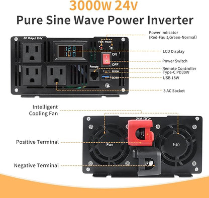 3000 Watt Pure Sine Wave Power Inverter DC 24V to 110V/120V AC Converter with 3 AC,18W USB, and 30W Type-C Charging Ports, Car Solar Power Inverters with LCD Display for Home RV Truck