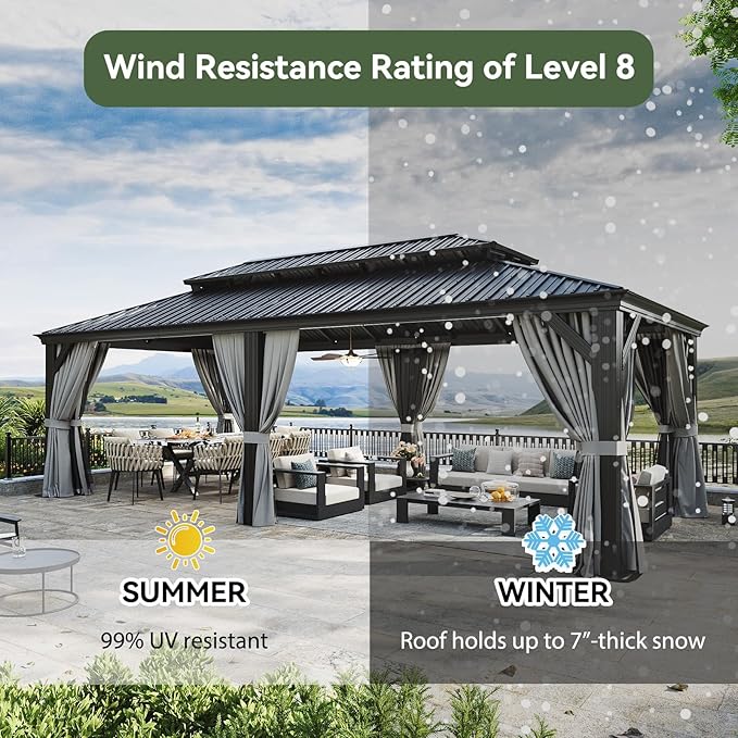 Aoxun 12' X 24' Hardtop Gazebo with Drainage System, Aluminum Outdoor Gazebo with Galvanized Steel Double Roof, Patio Permanent Metal Pavilion with Netting, for Garden, Deck, Grey