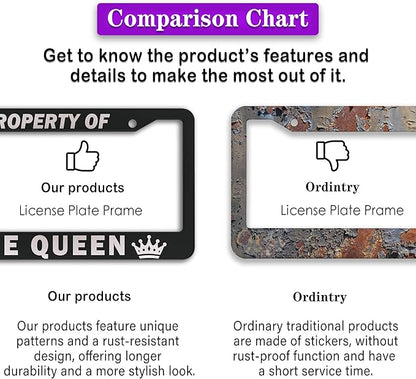 License Plate Frame Black and White License Plate Holder Property of The Queen Universal Aluminum Car Accessory 2 Pack with Screw Covers Set