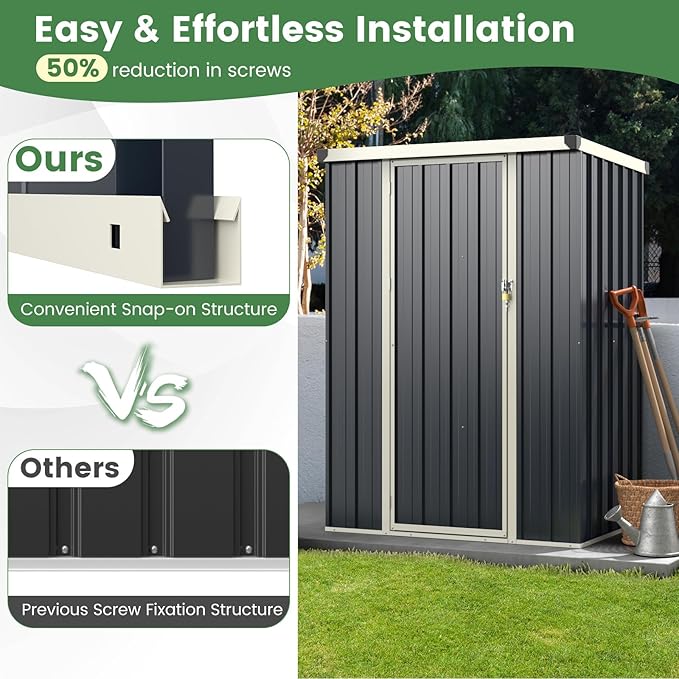 Goplus 3.8 x 2.8 FT Storage Shed Outdoor, All-Weather Steel Utility Storage House w/Lockable Door, Snap-on Arrow Leaning Organizer, Bike Tool Garden Sheds for Yard Lawn Patio