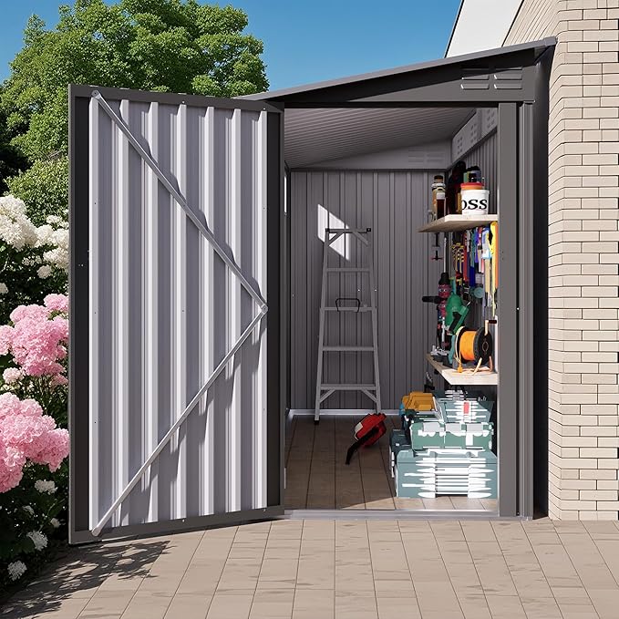 4 x 9 FT Lean to Shed with Windows, Metal Sheds & Outdoor Storage with 2 Vents and 1 Side Open Door, Outdoor Storage Shed Waterproof for Backyard, Garden, Patio, Gray