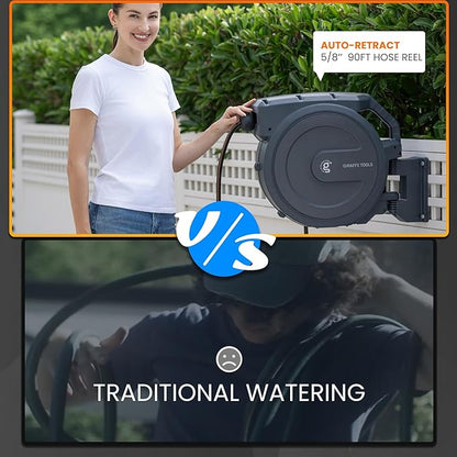 Giraffe Tools AW40 Retractable Hose Reel 5/8" x 90 ft Wall Mounted Garden Hose Reel Heavy Duty, Automatic Rewind, 180 Deg Swivel, Any Length Lock, 9 Pattern Nozzle, 90 ft, Dark Grey