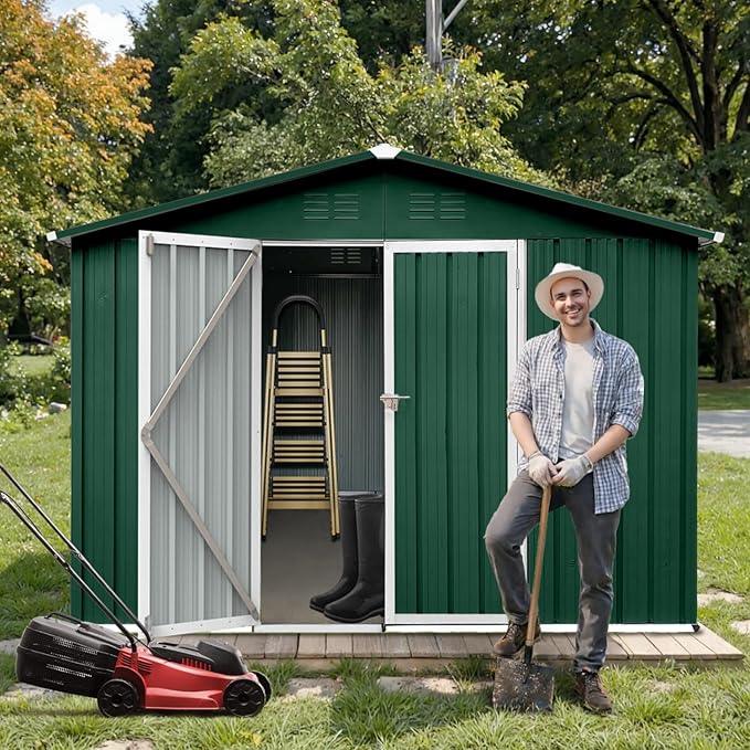 8 x 6 FT Outdoor Storage Metal Shed, Bike Garden Tool Shed with Slooping Roof, Lockable Doors and Aluminum Frames, Shed Easy to Assemble for Garden, Patio, Lawn, Green
