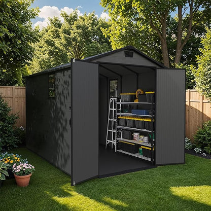 Patiowell 6x10 FT Outdoor Plastic Storage Shed with Floor - Lockable Resin Tool Shed, 2 Windows, Easy Assembly for Garden/Backyard (Dark Grey)