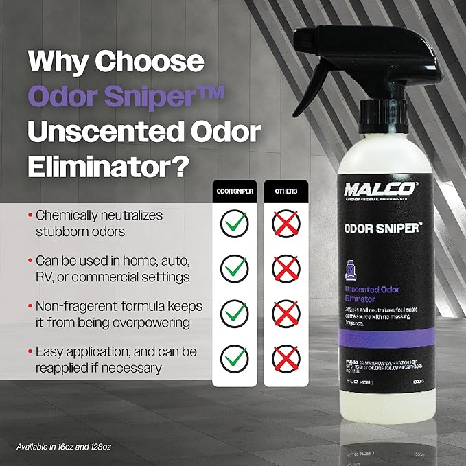 Malco Odor Sniper - Fragrance-Free Odor Eliminator for Car Interiors/Penetrates Odors at the Source/Chemically Neutralizes Foul Scents in Your Vehicle / 16 Oz. (199016)