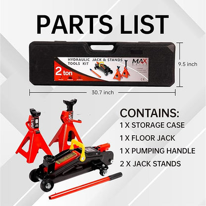 2-Ton (4400 lbs) Hydraulic Low Profile Trolley Garage Service/Floor Jack with Blow Mold Carrying Storage Case and 1 Pair 2 Ton Jack Stands for Home and Workshop Vehicle Maintenance