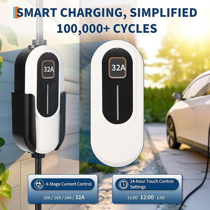 Level 2 EV Charger, 32A 240V Voltage, NEMA 14-50 Plug, 25ft Cable, Adjustable Current/Delay Timer, SAE J1772 Listed Portable Electric Car Charger for Indoor/Outdoor Use