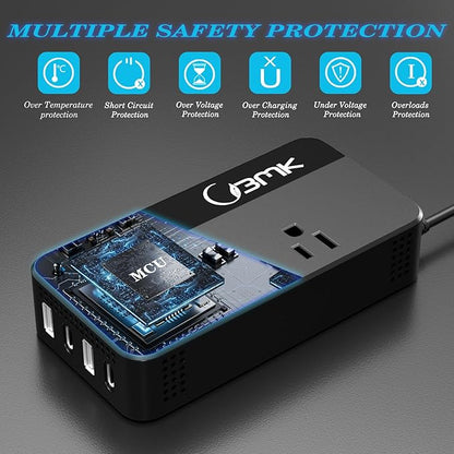 BMK 200W Car Power Inverter DC 12V to 110V AC Car Inverter 4 USB Ports Charger Adapter Car Plug Converter with 2 QC3.0 USB and 2 Type C Ports (Black)