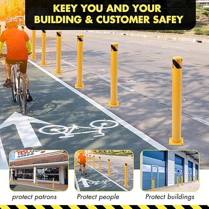4 Pack Safety Bollard Post, 42 Inch Height 4.5 Inch Diameter Yellow Pipe Safety Steel Bollards with Anchor Bolts and Wrench, Steel Bollards for Road Warning Construction Public Place Traffic Control