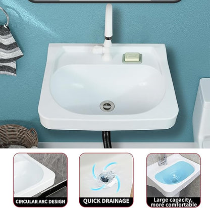 Wall Mount Bathroom Sink 19.7*15.3 No-Drill Installation Self-Adhesive Wash basin with Faucet Hole Bathroom Sinks Floating Vanity Sink for Lavatory Room Basin Plastic Rv Sink forGarage (19.7*15.3*7.1)