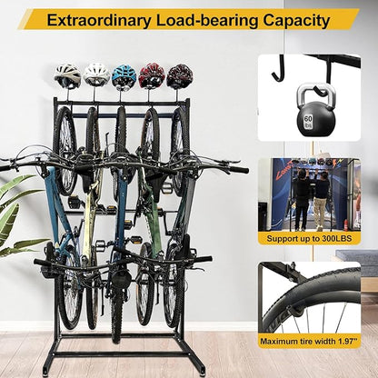 Upgraded Freestanding Bike Rack Storage - Vertical Bike Stand Max 5 Bikes with Helmet Holders, Heavy-Duty Solid Steel Bicycle Stand Indoor Garage Floor Stand