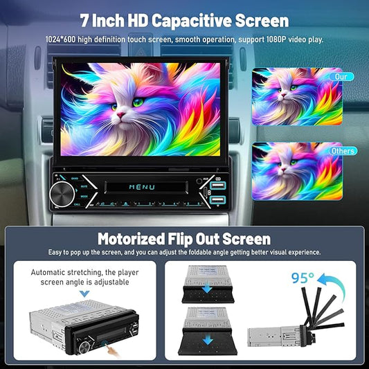 Single Din Car Stereo with Wireless Carplay and Android Auto - 7 Inch Automatic Flip Out Touchscreen Car Radio - Bluetooth/Mirror Link/SWC/FM + 12leds Backup Camera