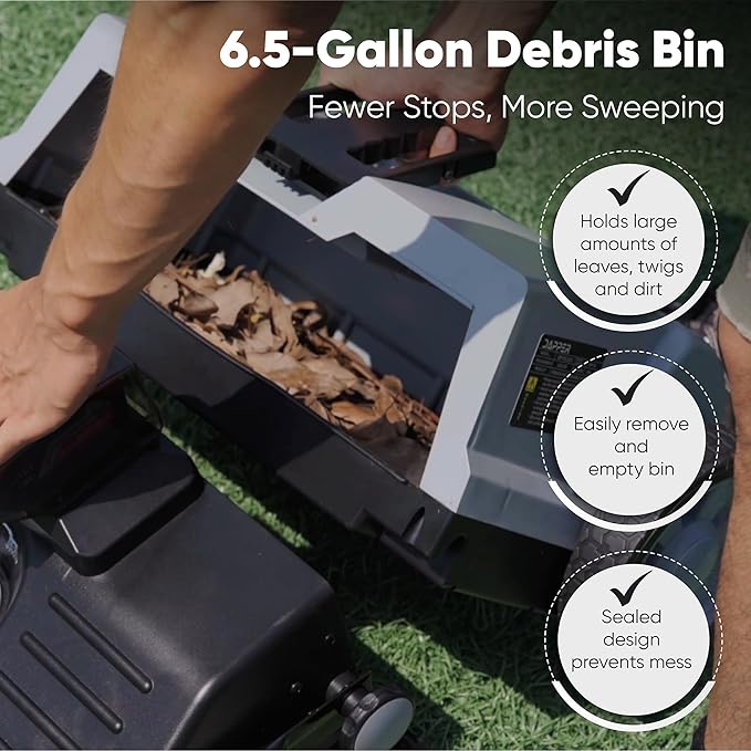 Battery Powered Artificial Grass & Hard Surface Sweeper, 22" Wide Cleaning Path, 6.5-Gal Bin, Adjustable Height, 4h Battery, Foldable, for Artificial Grass, Sidewalks, Driveways, Workshops, Garages
