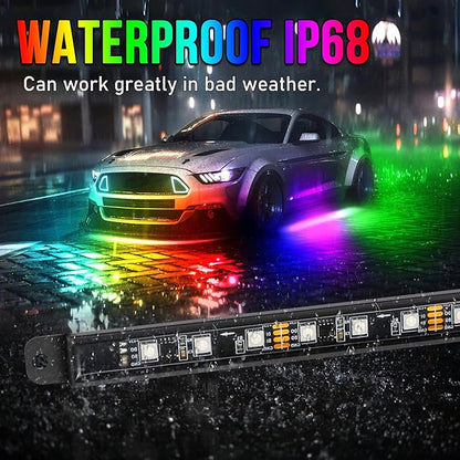 OPP ULITE Car Led Underglow Lights Aluminum Dream Chasing Color Accent Light Bar, RF Remote & APP Control Underglow Light Strip with Red Brake/Yellow Turn Signal/White Reverse Light Kit, 8PC Pack