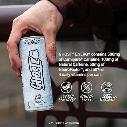 GHOST Energy Drink - 24-Pack, Original, 8.4oz - Energy & Focus & No Artificial Colors - 100mg of Natural Caffeine, L-Carnitine & Taurine - Gluten-Free & Vegan