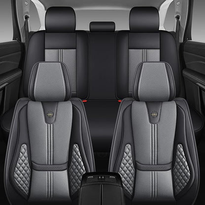 Car Seat Covers Full Set, Black Seat Cover for Cars Compatible Airbag, Easy Install Luxury Leather Automotive Seat Covers with Lumbar Support, for Car, Truck, SUV, Grey