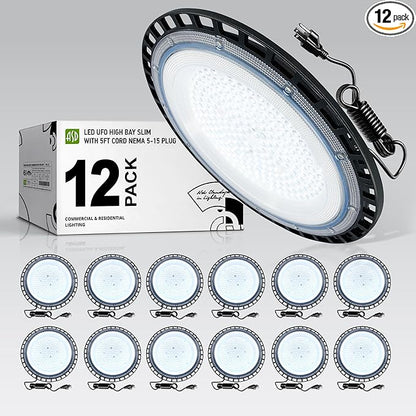 ASD LED High Bay UFO Light Fixture, Commercial Shop Lighting | Plug & Play Cable, IP65 Waterproof, ETL Listed | 150W 18000LM 5000K 100-277V | Warehouse, Garage, Workshop, Barn Lamp | Black, 12 Pack