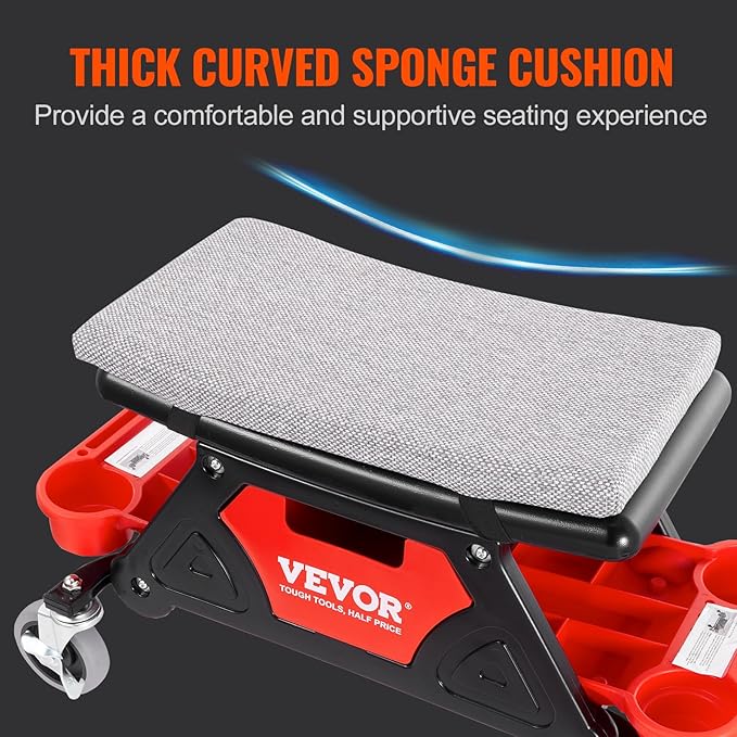 VEVOR Mechanic Stool 300 LBS Capacity Garage Stool Gift for Men, Heavy Duty Rolling Mechanics Seat, with Three Slide Out Tool Trays and Drawer, Tools for Automotive Auto Repair