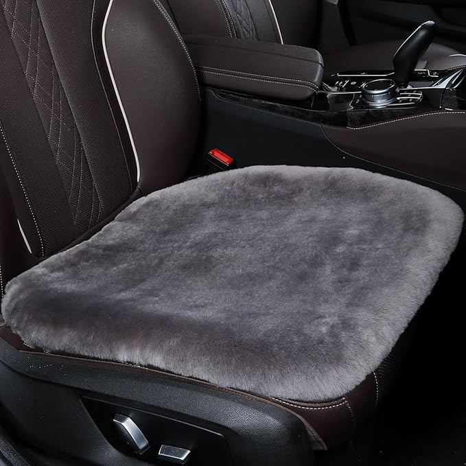 Fluffy Genuine Australia Sheepskin Car Seat Cover for Auto Interior Accessories with Soft Fuzzy Wool Eco-Friendly Natural Fur Non-Slip (Graphite, Front)