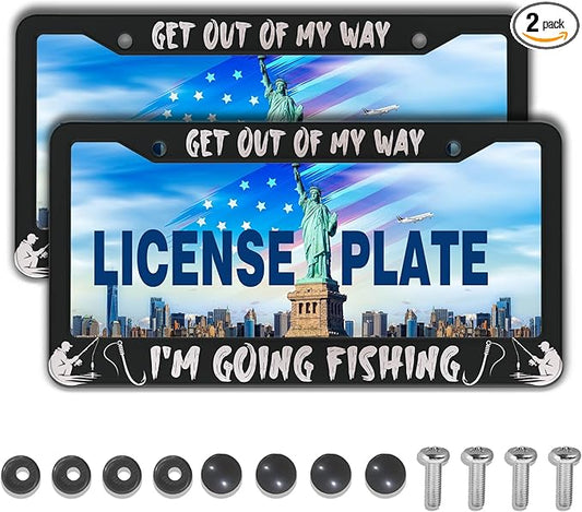 Car License Plate Frame Black and White License Plate Frames Get Out of My Way I'm Going Fish Aluminum Metal Car Accessory 2 Pack with Screw Covers Set