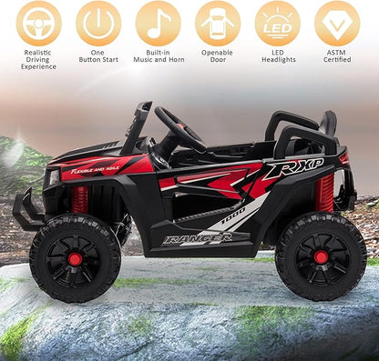 TOBBI 12V Kids Ride on Car, Electric Off-Road UTV Truck with Forward and Reverse Functions, Double Open Doors, Safety Belt, Horn, Music, and Lights for Kids Aged 3-5 Years (Red)
