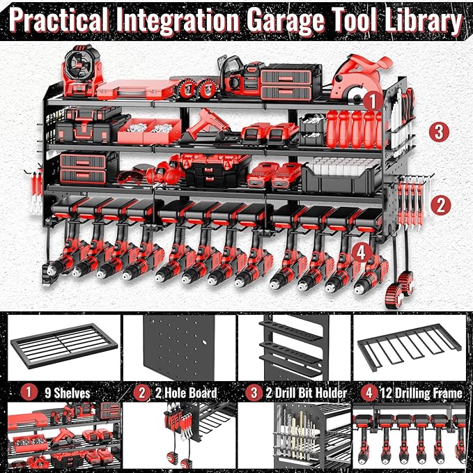 Large Power Tool Organizer Wall Mount-12 Drill Holder, Metal Heavy Duty Garage Tool Storage Shelves with Screwdriver Plier Holder, Gifts Idea for Men Dad Husband