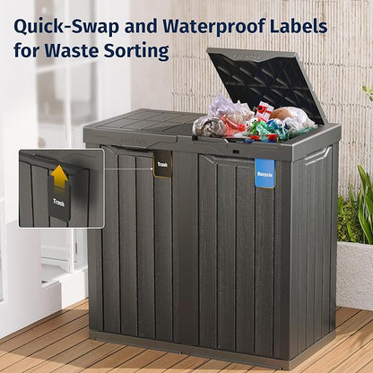 EAST OAK 62 Gallon Outdoor Trash Can | Waterproof Resin Garbage Can with Recycle and Garbage Labels | Secure Bag Lip Lock and Drip Tray | Outside Trash Bin for Patio | Kitchen, Backyard or Deck | Gray