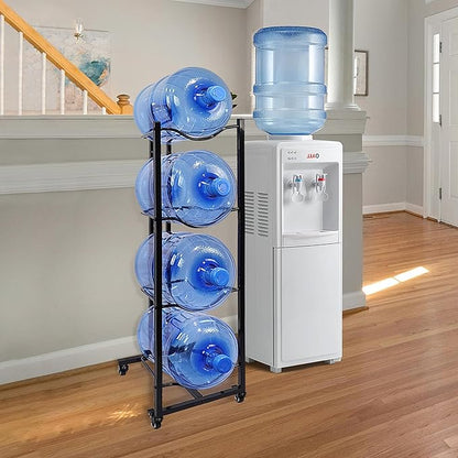 5 Gallon Water Bottle Holder, 4-Tier Heavy Duty Water Cooler Jug Rack, Water Jug Stand with 4 Wheels, Water Jug Rack for Kitchen, Garages - Black