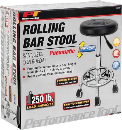 Performance Tool W85027 Adjustable (19 - 24 Inch) Pneumatic Rolling Bar Stool, 250 Lbs Capacity