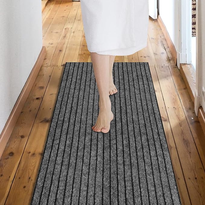 Custom Size Backed Non-Slip Area Rugs Runner, Easy Clean, Waterproof Runner Rugs for Hallway Entryway, Kitchen, Laundry, 2FT x 59FT, Gray Stripe