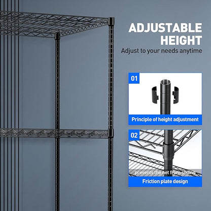 5 Tier Wire Shelf Shelving Unit, 60"x 24"x82" Metal Storage Shelves, Heavy Duty Garage Storage Shelves with Wheels, Chrome 3000LBS Capacity Wire Shelf Rack for Restaurant, Garage, Pantry, Kitchen
