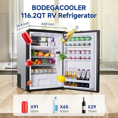 BODEGACOOLER 12 Volt Refrigerator, 116.2Quart RV Refrigerator with Freezer, Dual Modes RV Fridge with LED, (5℉-50℉) Travel Compressor Refrigerator 12/24V DC for Boat, Caravan, Truck, Camping (Black)