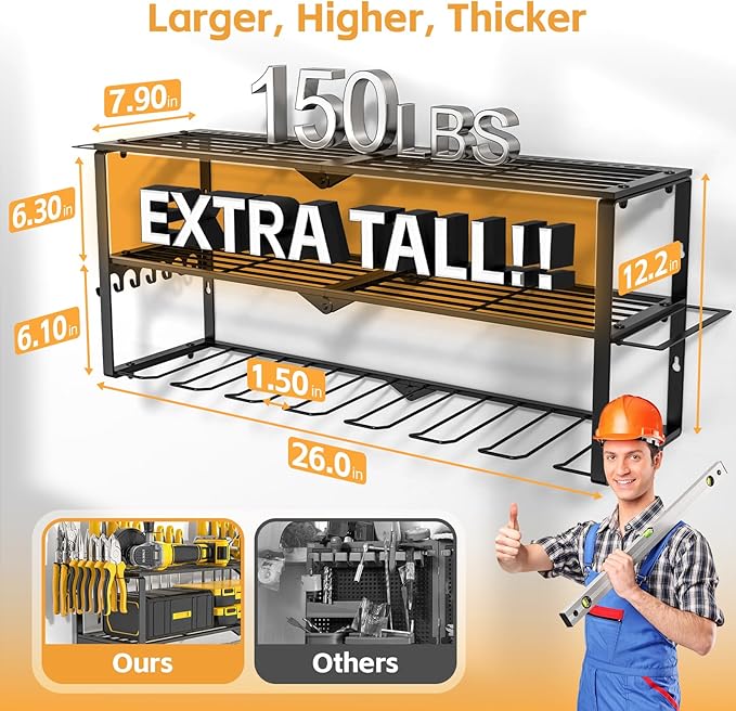 Power Tool Organizer Wall Mount Cordless,15 Min Fast Install Metal Garage Tool Storage Organizer Heavy Duty 3 Layers 7 Drill Power Tool Holder Storage Rack Tool Shelf Wall Mount for Shop Organization