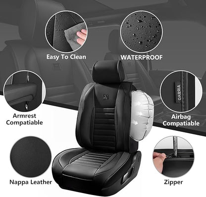 CAR PASS Nappa Leather Car Seat Covers Full Set, Luxury Seat Protector for Cars, Waterproof Anti-Slip Car Seat Cushion Armrest Compatible Airbag Universal for Sedan SUV Pick-up Truck Automotive, Black