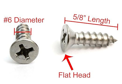Bolt Dropper No. 6 x 5/8" Stainless Steel Flat Head Phillips Wood Screw, (100 pc), 18-8 (304) Stainless Steel Sheet Metal Screws- Type A Point, Plain Finish, Threads That Bind