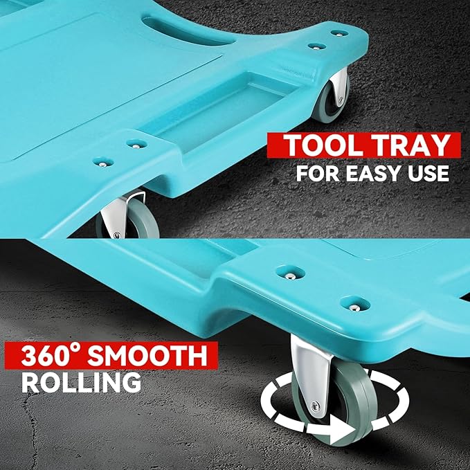 Auto Dynasty 40 Inches Mechanic Creeper, Automotive Garage Repair Low Profile Under Car Rolling Creeper with Padded Headrest, Plastic, Sky Blue